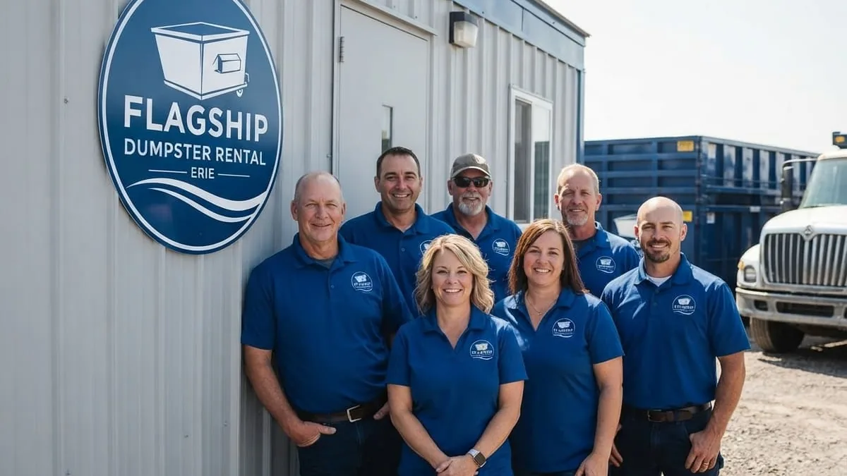 The Flagship Dumpster Rental team in Erie Rob Kaminski and the Flagship Dumpster Rental Erie crew at the Erie yard