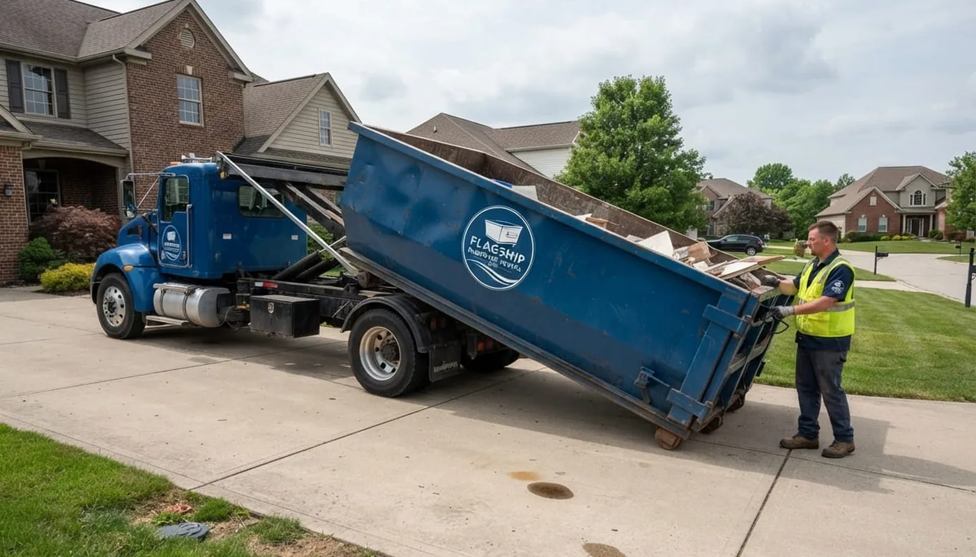 Dumpster rental in Erie, PA Flagship roll-off dumpster being delivered to a Erie, Pennsylvania driveway